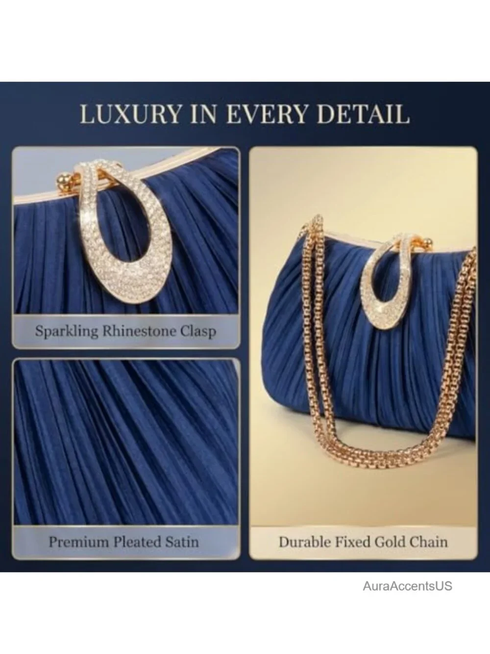 Pleated Satin Clutch Evening Bag with Rhinestone Clasp Detachable Chain Formal